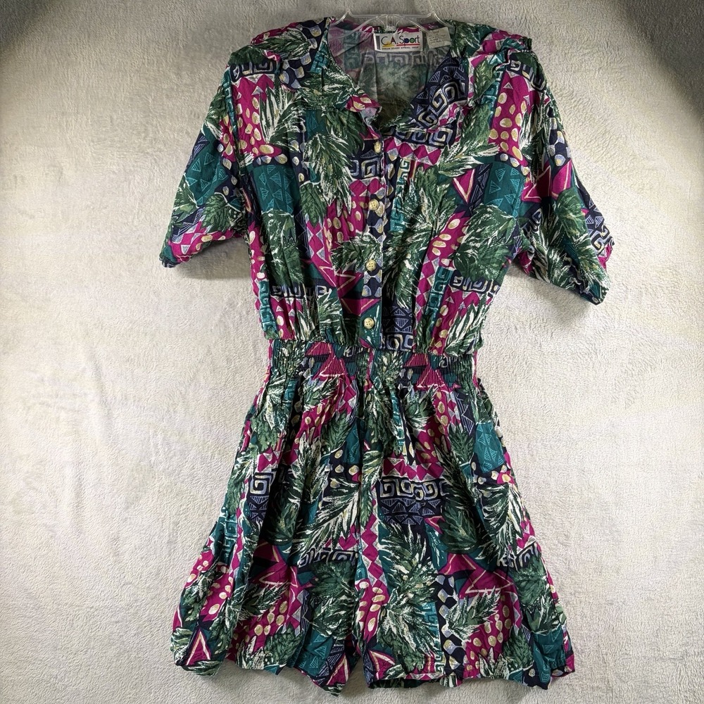 Vintage 90s CA Sport Tropical Romper Sz M Rayon Button Front Elastic Waist